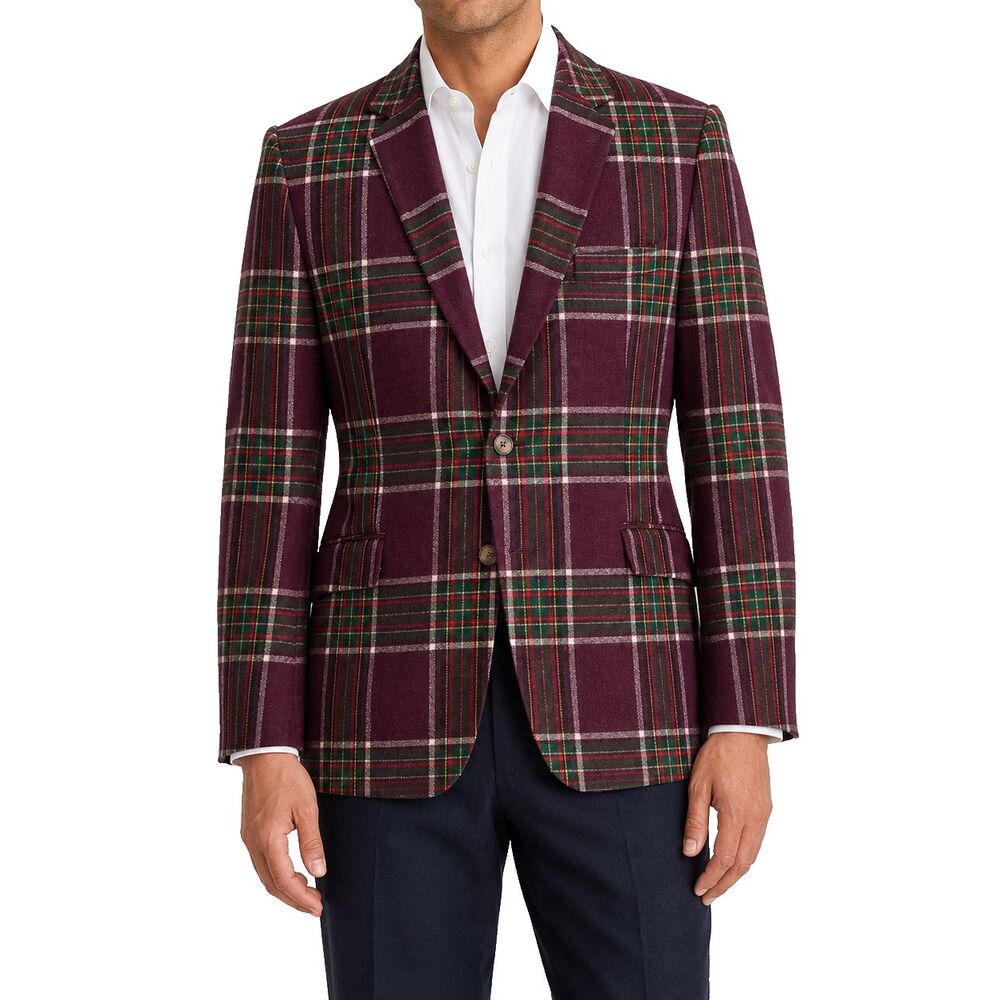 Mens Lambswool Blazer 44R Burgundy Green Tartan Plaid Sport Coat Jacket Preppy